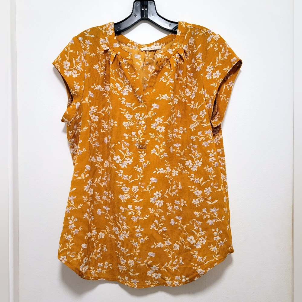 Fun2Fun Walden Split Neck Blouse Mustard Yellow Floral Short Sleeve Top Womens L